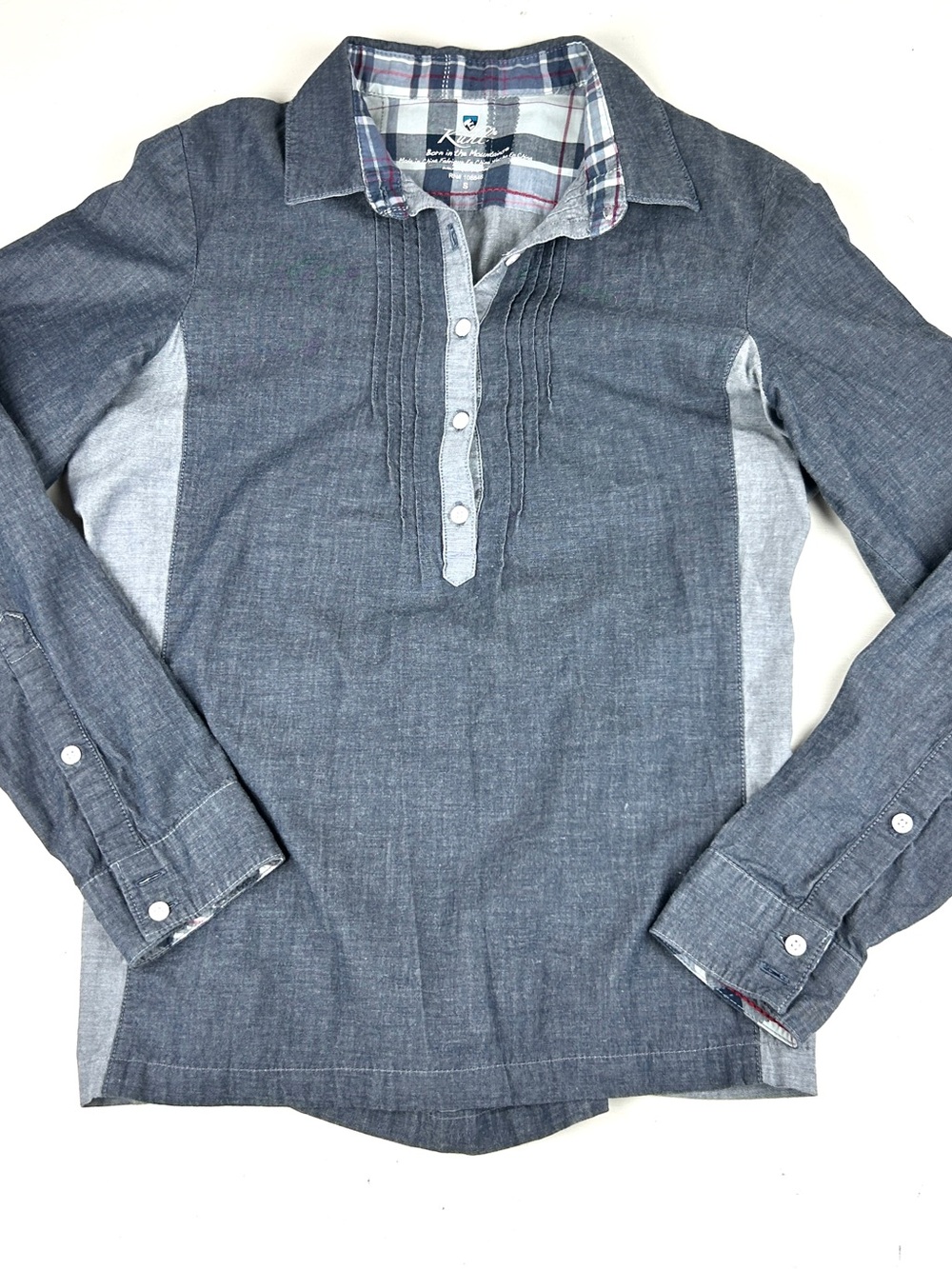 KUHL 1/4 Button Shirt Womens Size Small Long Sleeve Pullover Gray Chambray